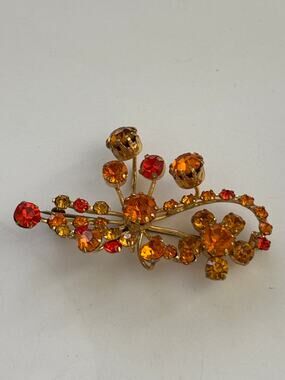 Vintage Orange Rhinestone Brooch Gold Tone Signed Austria